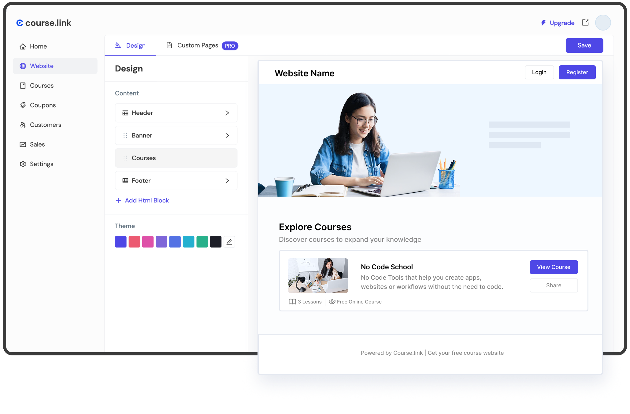 Course.link dashboard showing course creation tools